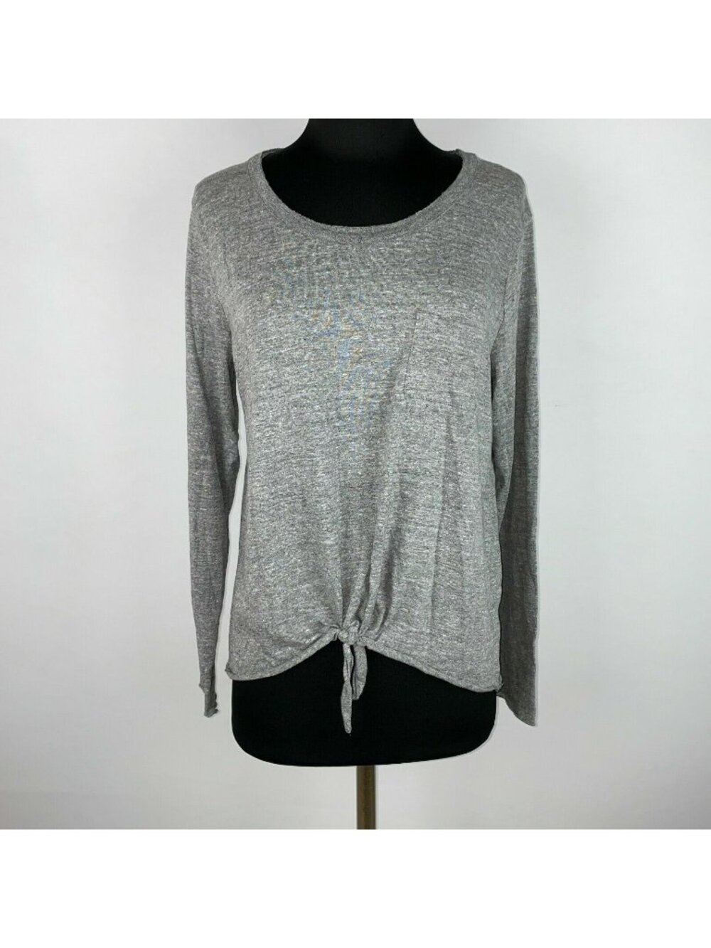 Chaser T-Shirt Top Womens L Gray Tie Front Hem Chest Pocket Tee Long Sleeve